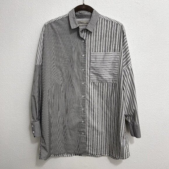 URBAN OUTFITTERS Button Up Mixed Print Striped Tunic Blouse Dress White/Black M - Picture 1 of 10